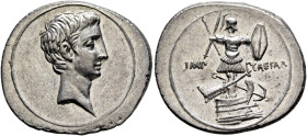 Octavian, 44-27 BC. Denarius (Silver, 22 mm, 3.80 g, 6 h), uncertain Italian mint (Rome?), autumn 30-summer 29. Bare head of Octavian to right. Rev. I...