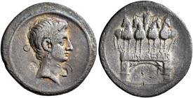 Octavian, 44-27 BC. Denarius (Silver, 21 mm, 3.45 g, 3 h), uncertain mint in Italy (Rome?), autumn 30-summer 29. Bare head of Octavian to right. Rev. ...