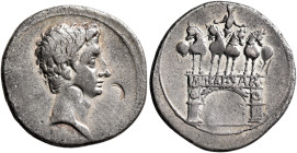 Octavian, 44-27 BC. Denarius (Silver, 20 mm, 3.63 g, 2 h), uncertain mint in Italy (Rome?), autumn 30-summer 29. Bare head of Octavian to right. Rev. ...