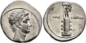 Octavian, 44-27 BC. Denarius (Silver, 19 mm, 3.77 g, 11 h), uncertain mint in Italy (Rome?), autumn 30-summer 29. Laureate head of Octavian to right. ...