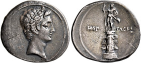 Octavian, 44-27 BC. Denarius (Silver, 21 mm, 3.63 g, 12 h), uncertain mint in Italy (Rome?), autumn 30-summer 29. Laureate head of Octavian to right. ...