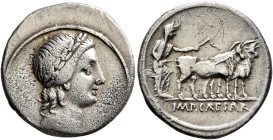 Octavian, 44-27 BC. Denarius (Silver, 20 mm, 3.62 g, 6 h), uncertain mint in Italy (Rome?), autumn 30-summer 29. Laureate head of Apollo of Actium to ...