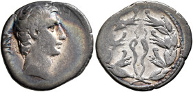 Augustus, 27 BC-AD 14. Denarius (Silver, 18 mm, 3.49 g, 9 h), Pergamum, circa 27 BC. AVGV[STVS] Bare head of Agugustus to right. Rev. Laurel wreath in...