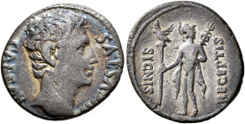 Augustus, 27 BC-AD 14. Denarius (Silver, 19 mm, 3.54 g, 5 h), uncertain mint in Spain (Colonia Patricia?), 19 BC. CAESAR AVGVSTVS Bare head of Augustu...