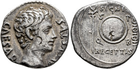 Augustus, 27 BC-AD 14. Denarius (Silver, 19 mm, 3.66 g, 6 h), uncertain mint in Spain (Colonia Patricia?), circa 19 BC. CAESAR AVGVSTVS Bare head of A...