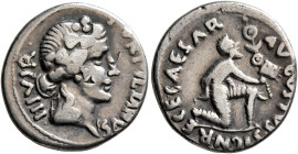 Augustus, 27 BC-AD 14. Denarius (Silver, 19 mm, 3.90 g, 12 h), P. Petronius Turpilianus, moneyer, Rome, 19 BC. TVRPILIANVS III•VIR• Head of Liber to r...