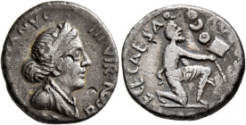 Augustus, 27 BC-AD 14. Denarius (Silver, 19 mm, 3.67 g, 9 h), P. Petronius Turpilianus, moneyer, Rome, 19 BC. [TVRPIL]IANVS III•VIR / [•FE]-RON• Diade...