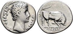 Augustus, 27 BC-AD 14. Denarius (Silver, 18 mm, 3.60 g, 6 h), Lugdunum, circa 15-13 BC. AVGVSTVS DIVI•F Bare head of Augustus to right. Rev. IMP•X Bul...