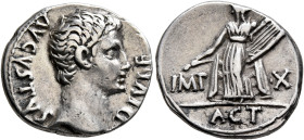 Augustus, 27 BC-AD 14. Denarius (Silver, 19 mm, 3.76 g, 5 h), Lugdunum, 15-13 BC. AVGVSTVS DIVI•F Bare head of Augustus to right. Rev. IMP•X / ACT Apo...