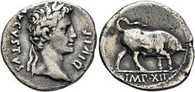 Augustus, 27 BC-AD 14. Denarius (Silver, 19 mm, 3.62 g, 6 h), Lugdunum, 11-10 BC. AVGVSTVS DIVI•F Laureate head of Augustus to right. Rev. IMP XII Bul...