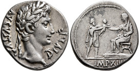 Augustus, 27 BC-AD 14. Denarius (Silver, 19 mm, 3.75 g, 6 h), Lugdunum, 8 BC. AVGVSTVS DIVI•F Laureate head of Augustus to right. Rev. IMP•XIIII Augus...