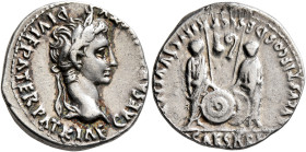 Augustus, 27 BC-AD 14. Denarius (Silver, 20 mm, 3.61 g, 11 h), Lugdunum, 2 BC-AD 4. CAESAR [AVGVS]TVS DIVI F PATER PATRIAE Laureate head of Augustus t...