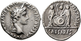 Augustus, 27 BC-AD 14. Denarius (Silver, 18 mm, 3.74 g, 9 h), Lugdunum, 2 BC-AD 4. CAESAR AVGVSTVS DIVI F PATER P[AT]RIAE Laureate head of Augustus to...