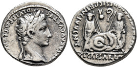Augustus, 27 BC-AD 14. Denarius (Silver, 18 mm, 3.83 g, 12 h), Lugdunum, 2 BC-AD 4. CAESAR AVGVSTVS DIVI F PATER PA[TRIAE] Laureate head of Augustus t...