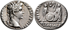 Augustus, 27 BC-AD 14. Denarius (Silver, 18 mm, 3.85 g, 12 h), Lugdunum, 2 BC-AD 4. CAESAR AVGVSTV[S DIVI F PA]TER P[ATRIAE] Laureate head of Augustus...