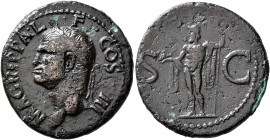 Agrippa, died 12 BC. As (Copper, 29 mm, 11.44 g, 6 h), Rome, struck under Caligula, 37-41. M•AGRIPPA•L•F•COS•III Head of Agrippa to left, wearing rost...