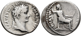 Tiberius, 14-37. Denarius (Silver, 19 mm, 3.56 g, 12 h), Lugdunum, 15-18. TI CAESAR DIVI AVG F AVGVSTVS Laureate head of Tiberius to right. Rev. PONTI...