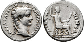 Tiberius, 14-37. Denarius (Silver, 18 mm, 3.68 g, 6 h), Lugdunum, group 2, circa 15-18. TI CAESAR DIVI AVG F AVGVSTVS Laureate head of Tiberius to rig...