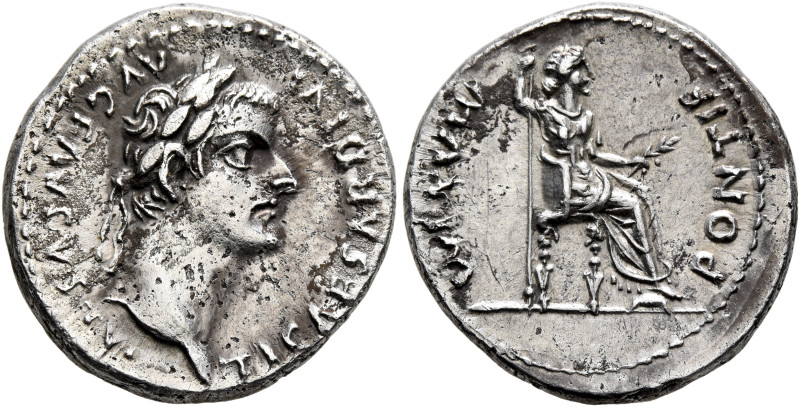 Tiberius, 14-37. Denarius (Silver, 18 mm, 3.78 g, 12 h), Lugdunum, group 4, circ...