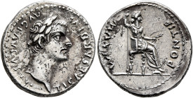 Tiberius, 14-37. Denarius (Silver, 18 mm, 3.78 g, 12 h), Lugdunum, group 4, circa 18-35. TI CΑESΑR DIVI ΑVG F ΑVGVSTVS Laureate head of Tiberius to ri...
