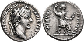 Tiberius, 14-37. Denarius (Silver, 18 mm, 3.72 g), Lugdunum, group 4, circa 18-35. TI CAESAR DIVI AVG F AVGVSTVS Laureate head of Tiberius to right. R...