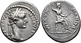 Tiberius, 14-37. Denarius (Silver, 19 mm, 3.69 g, 12 h), Lugdunum, group 4, circa 18-35. [TI C]AESAR DIVI AVG F AVGVSTVS Laureate head of Tiberius to ...