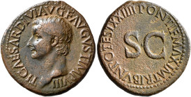 Tiberius, 14-37. As (Copper, 29 mm, 11.42 g, 12 h), Rome, 21-22. TI•CAESAR•DIVI•F•AVGVST•IMP•VIII• Bare head of Tiberius to left. Rev. PONTIF•MAXIM•TR...
