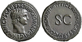Germanicus, died AD 19. As (Copper, 30 mm, 10.29 g, 6 h), Rome, struck under Claudius, 42-43. GERMANICVS CAESAR TI AVG F DIVI AVG N Bare head of Germa...