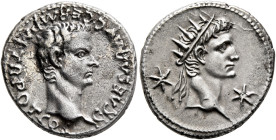 Gaius (Caligula), with Divus Augustus, 37-41. Denarius (Silver, 20 mm, 3.79 g, 12 h), Lugdunum, 37-38. C CAESAR AVG GERM P M TR POT COS Bare head of G...