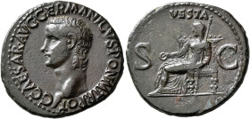 Gaius (Caligula), 37-41. As (Copper, 29 mm, 10.70 g, 6 h), Rome, 37-38. C•CAESAR•AVG•GERMANICVS•PON•M•TR•POT• Bare head of Gaius to left. Rev. VESTA /...
