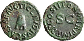 Claudius, 41-54. Quadrans (Copper, 18 mm, 2.43 g, 7 h), Rome, 5 January-31 December 42. TI CLAVDIVS CAESAR AVG Three-legged modius. Rev. PON•M•TR•P•IM...