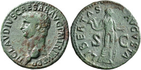 Claudius, 41-54. As (Copper, 30 mm, 10.58 g, 6 h), Rome, 42-43. TI CLAVDIVS CAESAR AVG P M TR P IMP P P Bare head of Claudius to left. Rev. LIBERTAS A...