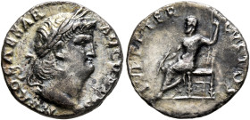 Nero, 54-68. Denarius (Silver, 17 mm, 2.86 g, 7 h), Rome, circa 64-65. NERO CAESAR AVGVSTVS Laureate head of Nero to right. Rev. IVPPITER CVSTOS Jupit...