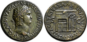 Nero, 54-68. Sestertius (Orichalcum, 34 mm, 27.59 g, 6 h), Rome, 65. NERO CLAVDIVS CAESAR AVG GER P M TR P IMP P P Laureate head of Nero to right, wea...