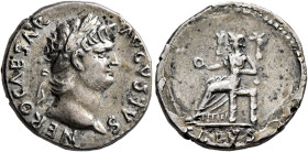 Nero, 54-68. Denarius (Subaeratus, 18 mm, 3.00 g, 6 h), a contemporary plated imitation from an irregular mint, after 65/6. NERO CAESAR AVGVSTVS Laure...