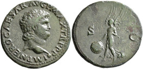 Nero, AD 54-68. As (Copper, 30 mm, 11.48 g, 6 h), Lugdunum, 66. IMP NERO CAESAR AVG P MAX TR P P P Bare head of Nero to right, globe at point of bust....