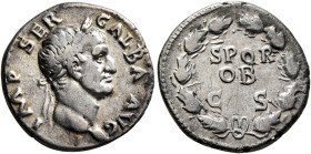 Galba, 68-69. Denarius (Silver, 18 mm, 3.31 g, 5 h), Rome, 2nd half of June 68-January 69. IMP SER GALBA AVG Bare head of Galba to right. Rev. S P Q R...