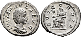 Julia Paula, Augusta, 219-220. Denarius (Silver, 21 mm, 3.29 g, 6 h), Rome, 220. IVLIA PAVLA AVG Draped bust of Julia Paula to right. Rev. CONCORDIA C...