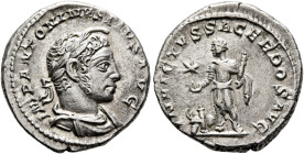 Elagabalus, 218-222. Denarius (Silver, 19 mm, 3.00 g, 12 h), Rome, 221. IMP ANTONINVS PIVS AVG Laureate and draped bust of Elagabalus to right, wearin...