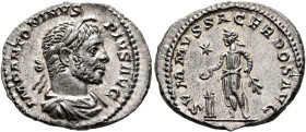 Elagabalus, 218-222. Denarius (Silver, 21 mm, 3.21 g, 6 h), Rome, 221-222. IMP ANTONINVS PIVS AVG Laureate and draped bust of Elagabalus to right, wea...