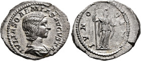 Julia Soaemias, Augusta, 218-222. Denarius (Silver, 21 mm, 36.50 g, 6 h), Rome, 218. IVLIA SOAEMIAS AVGVSTA Draped bust of Julia Soaemias to right. Re...