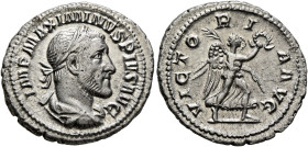 Maximinus I, 235-238. Denarius (Silver, 20 mm, 3.44 g, 12 h), Rome, 236. IMP MAXIMINVS PIVS AVG Laureate, draped and cuirassed bust of Maximinus I to ...