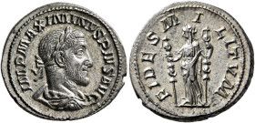 Maximinus I, 235-238. Denarius (Silver, 20 mm, 3.70 g, 1 h), Rome, 236. IMP MAXIMINVS PIVS AVG Laureate, draped and cuirassed bust of Maximinus I to r...