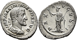 Maximinus I, 235-238. Denarius (Silver, 21 mm, 3.39 g, 12 h), Rome, 236. IMP MAXIMINVS PIVS AVG Laureate, draped and cuirassed bust of Maximinus I to ...