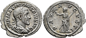 Maximinus I, 235-238. Denarius (Silver, 19 mm, 2.55 g, 12 h), Rome, 236. IMP MAXIMINVS PIVS AVG Laureate, draped and cuirassed bust of Maximinus I to ...