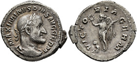 Maximinus I, 235-238. Denarius (Silver, 20 mm, 2.54 g, 12 h), Rome, 236-238. MAXIMINVS PIVS AVG GERM Laureate, draped and cuirassed bust of Maximinus ...