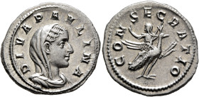 Diva Paulina, died before 235. Denarius (Silver, 19 mm, 3.30 g, 12 h), Rome, 236-238. DIVA PAVLINA Veiled and draped bust of Diva Paulina to right. Re...