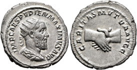 Pupienus, 238. Antoninianus (Silver, 23 mm, 4.55 g, 12 h), Rome, circa April-June 238. IMP CAES PVPIEN MAXIMVS AVG Radiate, draped and cuirassed bust ...