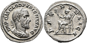 Pupienus, 238. Denarius (Silver, 19 mm, 3.39 g, 6 h), Rome, circa April-June 238. IMP C M CLOD PVPIENVS AVG Laureate, draped and cuirassed bust of Pup...