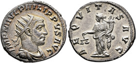 Philip I, 244-249. Antoninianus (Silver, 21 mm, 4.12 g, 12 h), Antiochia, 247. IMP M IVL PHILIPPVS AVG Radiate, draped and cuirassed bust of Philip I ...